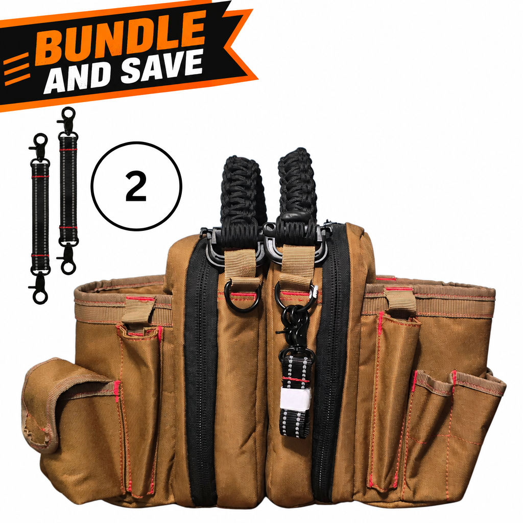 N52 Magnetic Tool bags, Technicians -Electricians multiple pockets, black zippers, and two black paracord-wrapped handles, shown on a white background with two detachable black straps and a circular '2' indicating a 2-pack.