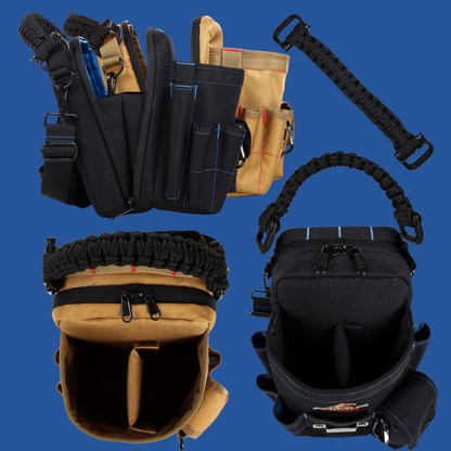 Collection of tactical bags and equipment on a blue background