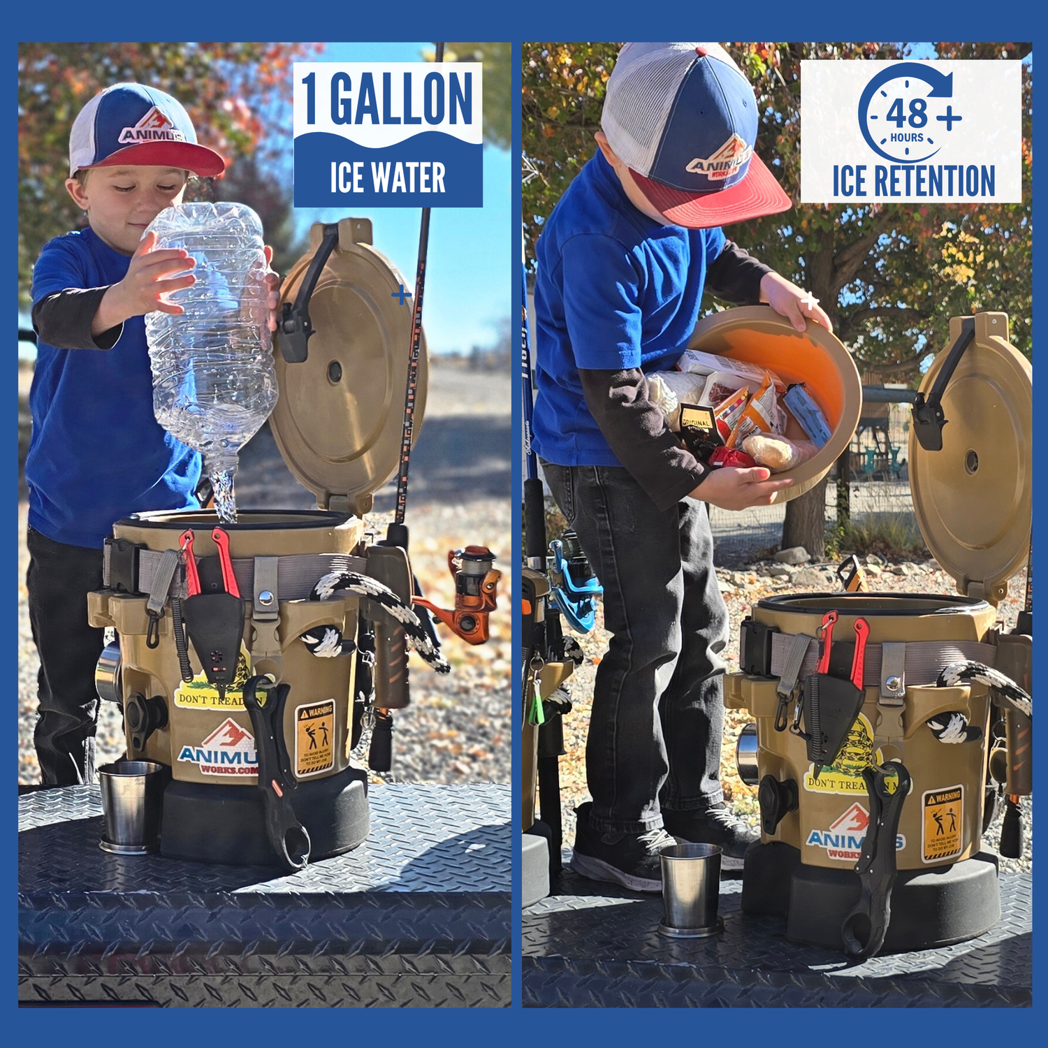 Fishing and ice fishing cooler. Combines Lunch water and gear storage, durable cooler body acts as a seat. 