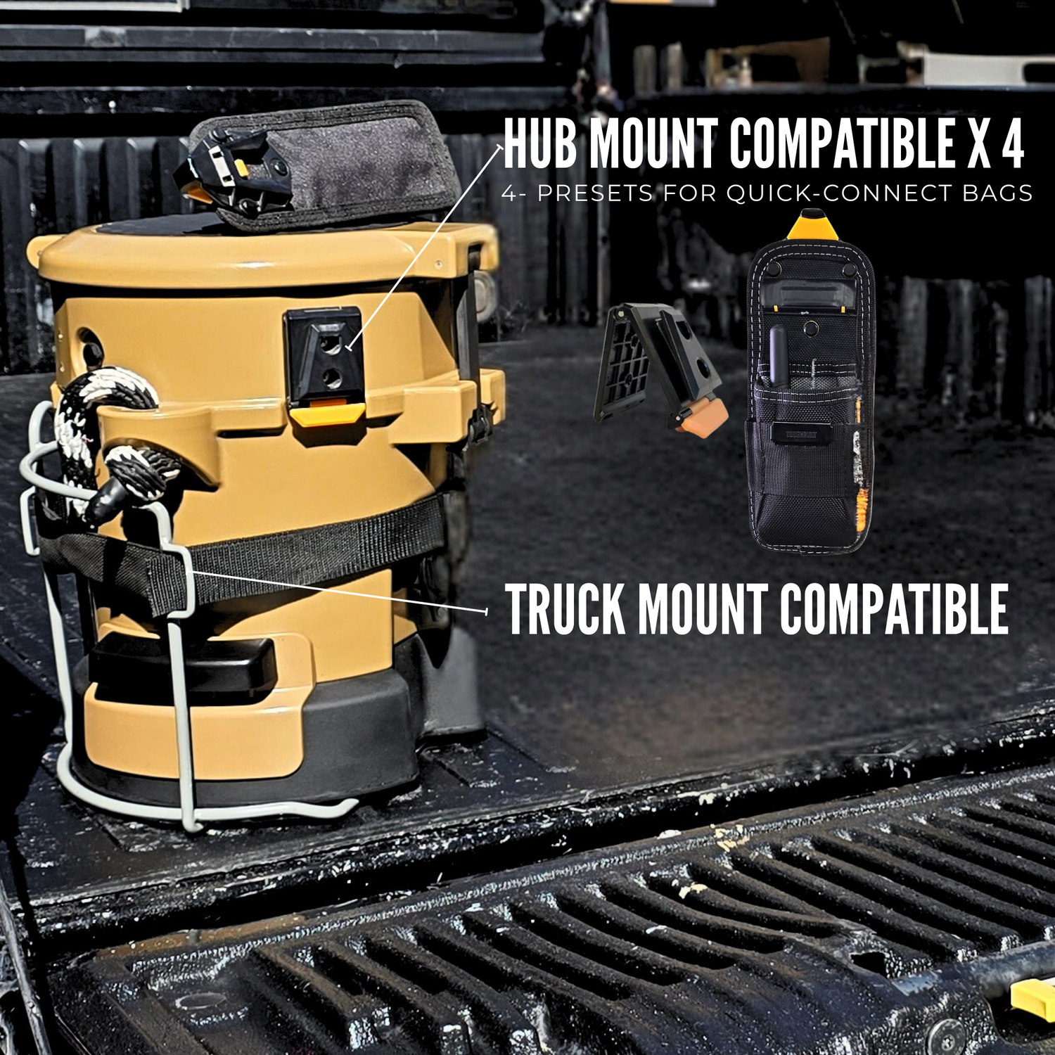 Image shows lunch pail for construction workers. Hard sided cooler lunch pail with added benefits of tool and dry drawer for extra PPE. Truck rack compatible, quick connect compatible